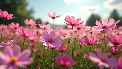 Fototapeta premium Vibrant Pink Cosmos Field Under Blue Sky – Spring Nature Photography