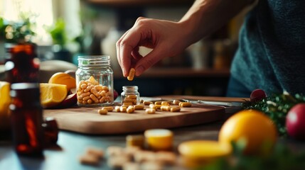 A person preparing and taking their daily nutritional supplements in a relaxing environment.
