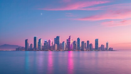 Obraz premium A panoramic view of a modern city skyline reflecting on calm waters during twilight, showcasing vibrant colors