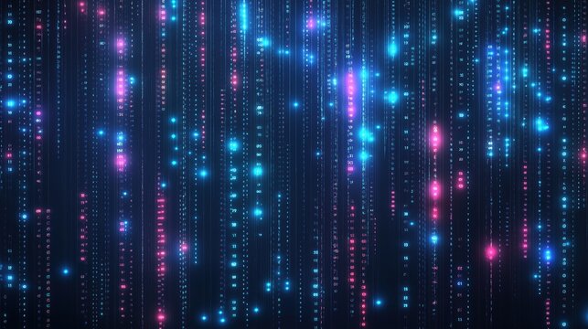 Futuristic digital data rain with glowing binary code falling on a dark background. Abstract cyber network concept featuring neon light particles, large numbers, and technology matrix effect in blue, 