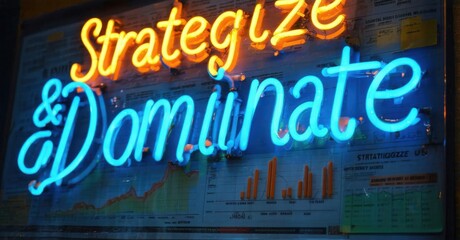 Neon sign strategize dominate blue fiery yellow glowing inside battle tested business war room softly illuminating detailed market charts