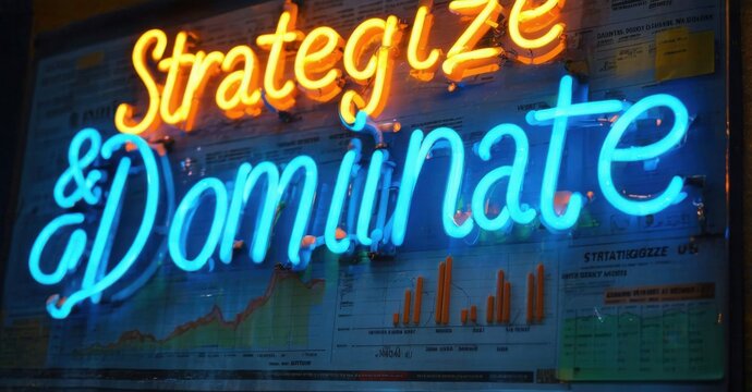 Neon sign strategize dominate blue fiery yellow glowing inside battle tested business war room softly illuminating detailed market charts