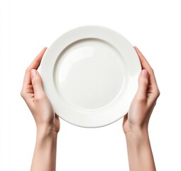 A pair of hands delicately holds a pristine white plate against a stark white background. The simplicity of the image emphasizes the plate's elegance.