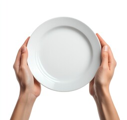 A pair of hands gently holds a pristine white plate against a stark white backdrop.  Simple elegance.