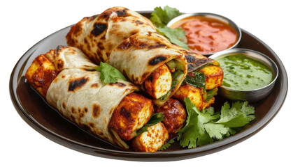 Paneer Tikka Wrap on a plate isolated on transparent png background.