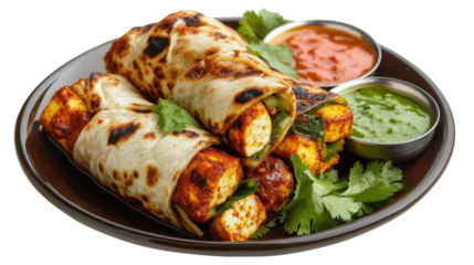 Paneer Tikka Wrap on a plate isolated on transparent png background.