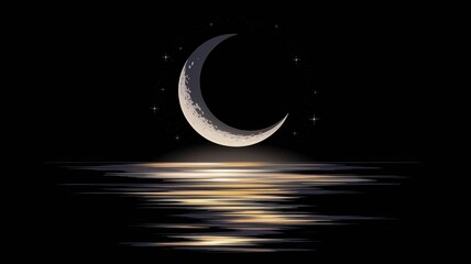 Delicate crescent moon hovers above a tranquil sea, casting a soft glow on rippling waters. Subtle stars dot a deep black sky while warm gold and silver hues illuminate the scene.