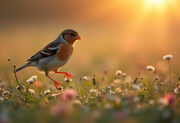Obraz premium Golden Dawn Dance: A Charming Chaffinch Amid Blossoms and Soft Light
