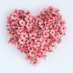 Obraz premium Heart-shaped arrangement of delicate pink cherry blossoms on a light background, symbolizing love and romance.