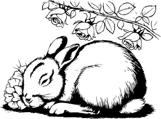 Sleeping rabbit surrounded by roses cozy garden illustration floral environment close-up serenity and nature