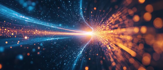 Obraz premium Quantum teleportation visualization with glowing energy beams transferring data across space, futuristic technology
