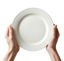 A pair of hands delicately holds a pristine white dinner plate, ready to serve.  Simple elegance.