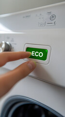Close-up of a finger about to press the "eco" button on a washing machine control panel
