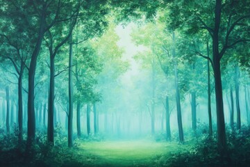 Obraz premium Green forest with misty atmosphere creating a serene and peaceful environment