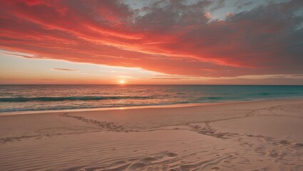 Vibrant sunset over a tranquil beach with soft sand and gentle waves reflecting warm hues
