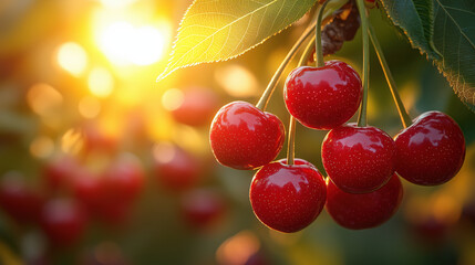 Ripe red cherries hanging on branch at sunset in orchard. Summer fruit harvest