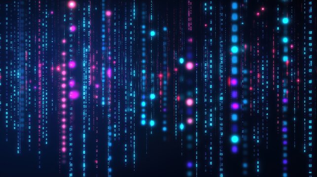 Futuristic digital data rain with glowing binary code falling on a dark background. Abstract cyber network concept featuring neon light particles, large numbers, and technology matrix effect in blue, 