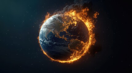 A digital concept of Earth overheating, with fiery visuals surrounding the planet.