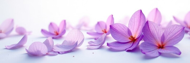 delicate purple petals unfolding on a crisp white canvas, garden, white background