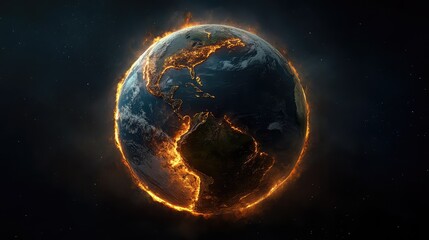 A digital concept of Earth overheating, with fiery visuals surrounding the planet.
