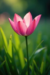 Fototapeta premium Delicate pink rain lily blooms in the shadows of tall grasses, grass, nature, flowers