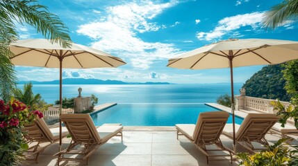 Fantastic private villa, terrace view with sun beds chairs under umbrella, luxury pool hotel stunning summer pattern. Beautiful spa or wellness, recreational vacation resort tourism. Tranquil sea sky