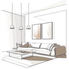 Modern living room sketch with sofa, coffee table, and artwork.