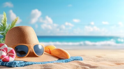 Summer beach getaway waves warmth and volleyball fun by the sea with sun hat and sunglasses
