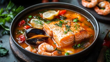 Savor the rich flavors of traditional French Bouillabaisse, a vibrant fish soup filled with fresh seafood, herbs, and vegetables, evoking the essence of coastal cuisine