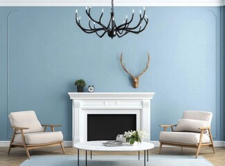 Modern living room with a black antler chandelier, fireplace, and light beige armchairs.