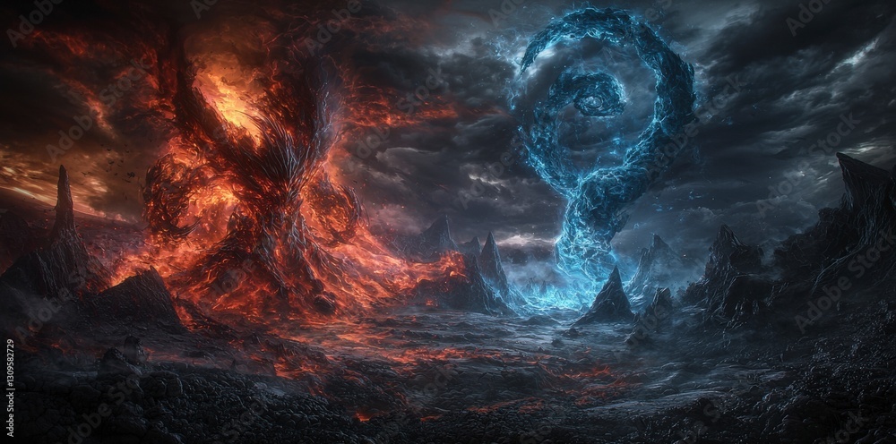 Poster celestial conflict chaotic battle of fire and ice in a multidimensional realm digital art surreal en