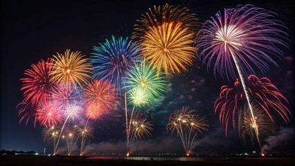 Vibrant fireworks exploding in the night sky with shades of red orange yellow green blue and purple, kaleidoscope of colors, fireworks explosion, radiant hues, explosive colors