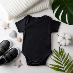 baby onesie flat lay top view mockup on neutral boho background