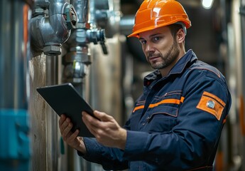 Worker in Safety Gear Using Tablet in Industrial Setting