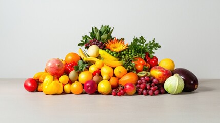Vibrant Display of Diverse Fruits and Vegetables on Neutral Background