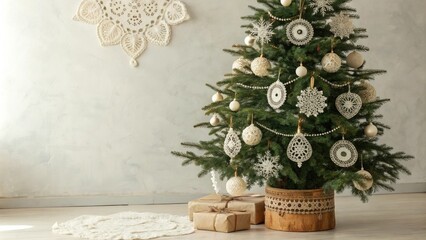 Vintage-inspired Christmas tree with lace ornaments, delicate lace, elegant patterns, nostalgic decor, antique colors