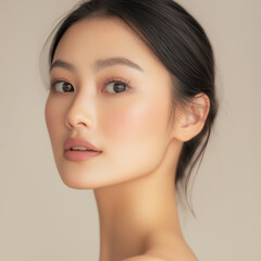 Fototapeta premium Asian woman in her late fourties have smooth cream to the cheek area on one side of her face, Her skin texture is clear and smooth, without any imperfections or blemis