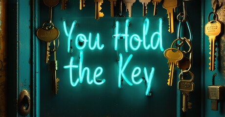 Neon sign you hold key turquoise warm gold glowing inside antique locksmith shop softly reflecting brass keys vintage doors