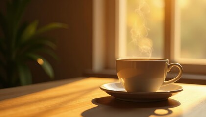 Warm golden light falls on minimalist coffee cup, cozy, table, warm