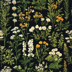 Dynamic floral seamless pattern featuring an array of colorful wildflowers on a dark background