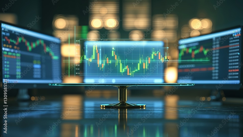 Poster market analysis with digital charts displayed on multiple screens during a trading session in a mode