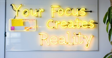 Neon sign your focus creates reality deep emerald bright gold mounted inside creative think tank softly reflecting brainstorming whiteboards