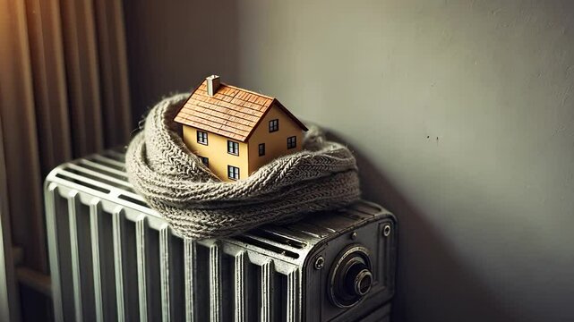 Cozy Home Heating Concept with Small Wooden House Wrapped in a Warm Scarf on an Old Radiator in a Sunlit Room

