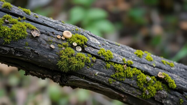 Weathered log with vibrant moss growth and fungi, rotting wood, saprophytic