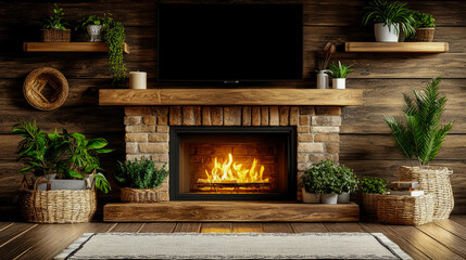 Cozy rustic interior with fireplace, wood paneling and greenery