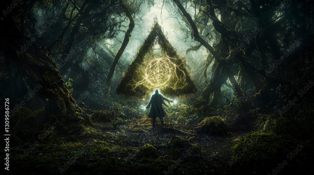 Poster mystical encounter with energetic forces in sacred forest fantasy art illuminated environment close-