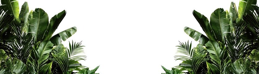 Obraz premium Lush tropical foliage border, white background, nature banner