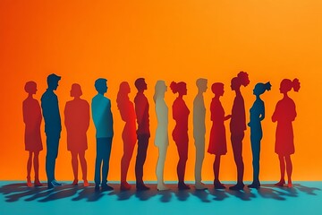 Colorful Paper Cutout People Connected Orange Background Teamwork