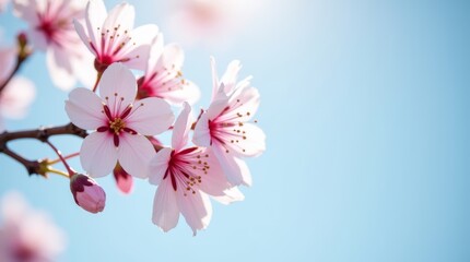 Obraz premium Delicate pink sakura blossoms blooming against a soft blue bky in bpringtime, close up