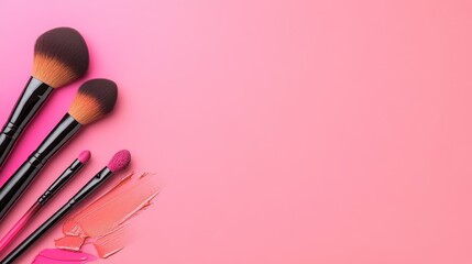 Set of makeup brushes and pink cosmetics arranged on a vibrant pink background for beauty themes